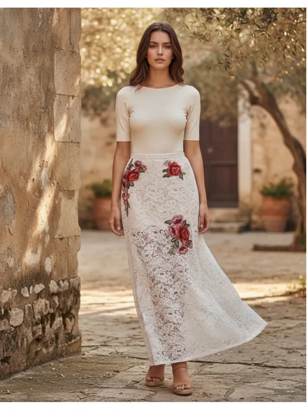 Crystal Doll White Floral Lace Slit Maxi Skirt Size 9 NWT - Image 3