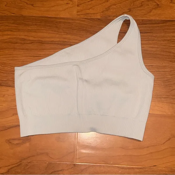 OQQ Ribbed Seamless One Shoulder Sport Tank Top Light Baby Blue Medium‎ Workout - Image 2