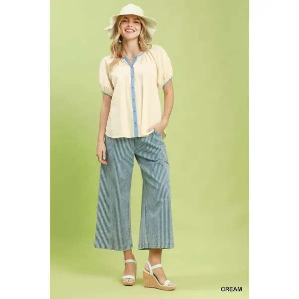 Umgee Contrast Trim Button Front Puff Sleeve‎ Blouse - Small - Image 5