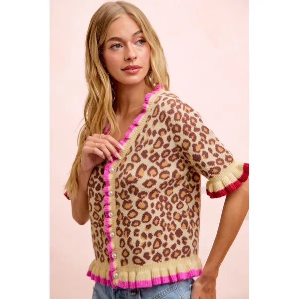 BiBi Leopard Patterned Ruffled Detail Button Cardigan - Image 2