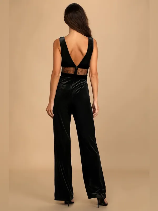 NEW Lulus Black Velvet Lace Mesh‎ Cutout Jumpsuit Formal Evening Party Cocktail - Image 5