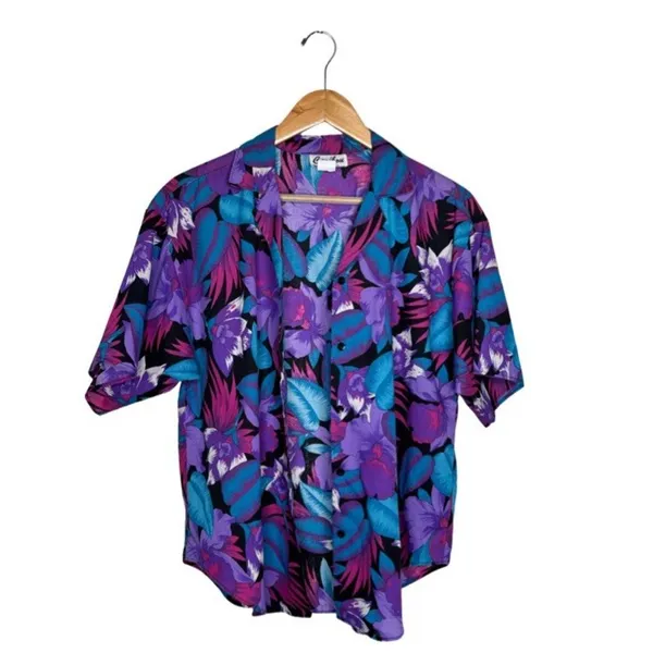 Caribou Button Up Hawaiian Size 12 Woman's Y2K Blue Purple Black Cotton Blend - Image 8
