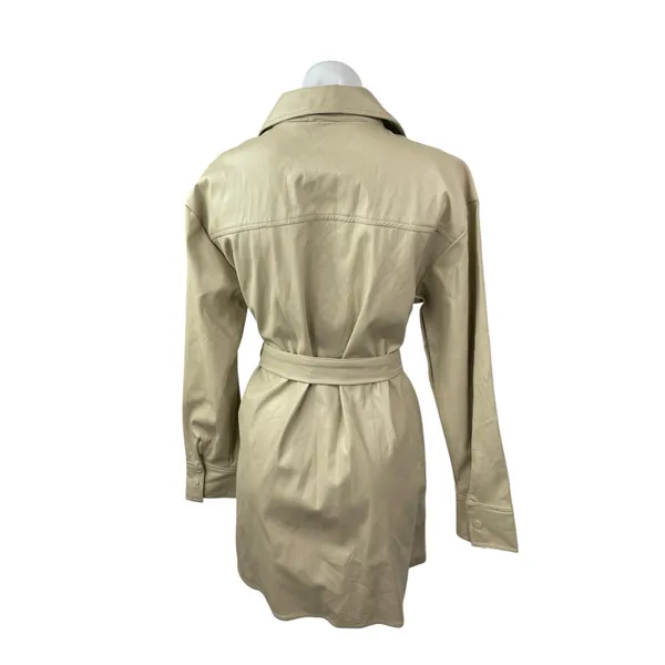 ASOS Collusion Beige Faux Vegan Leather Long Sleeve Belted Mini Shirt Dress Sz 6 - Image 3