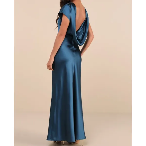 NEW Lulus Captivating Presence Dark Teal Satin Open Cowl Back Maxi Dress Large - Image 3