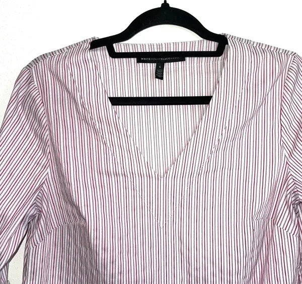 White House | Black Market White & Pink Striped Bell Sleeve V-neck Popover Top - Image 2