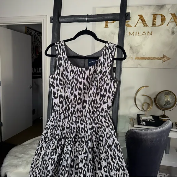 Samantha Sung Silk Leopard Fit And Flare Dress Womens 2 Silver Black Ivory Work - Image 3