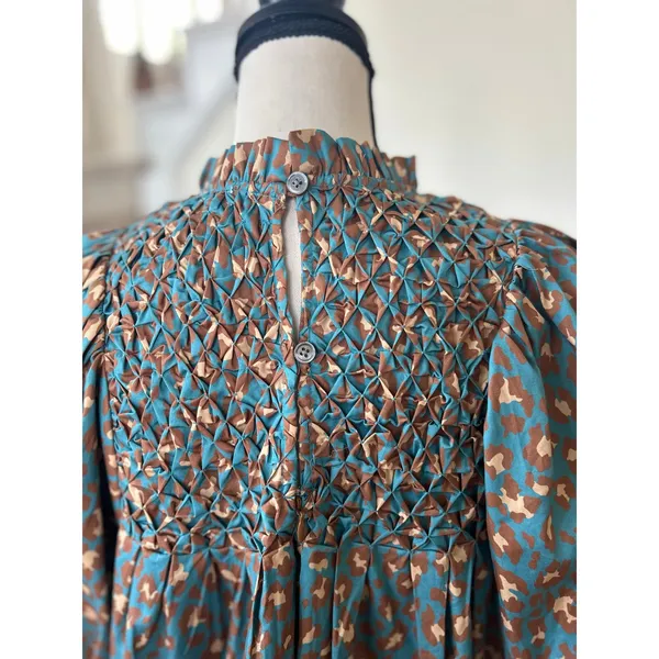Tyler Böe Blue & Brown Leopard Print Smocked Puff Sleeve Ruffle Dress - Image 5