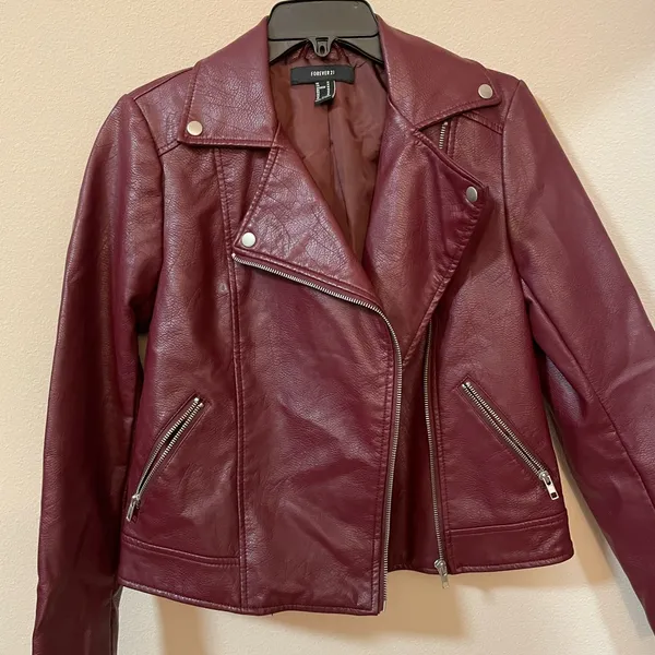 Maroon Leather Jacket Like New Absolutely Gorgeous Front Open With Zipper - Image 2