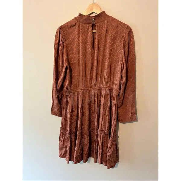 Madewell Mockneck Ruffle Hem Mini Dress Cheetah Jacquard Smocked Brown Copper M - Image 6