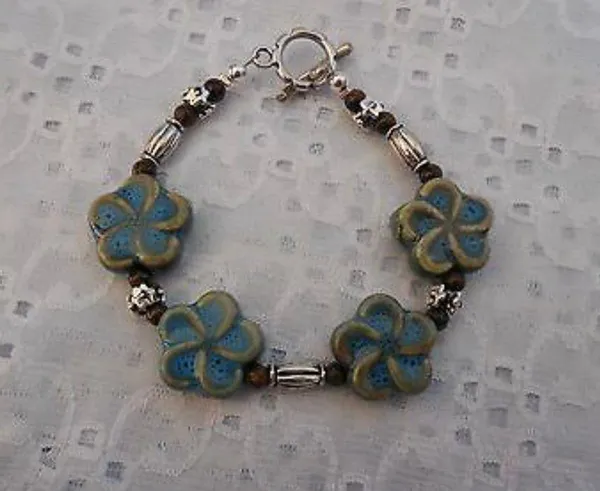 Handmade NEW! Earthy Beaded Toggle Bracelet W Ceramic Flower Beads 7.25” - Image 3