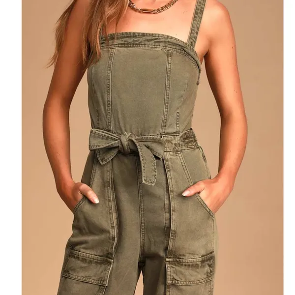 Free People FP Go West Olive Green Utility Cargo Denim Relaxed Leg Jumpsuit XS - Image 3