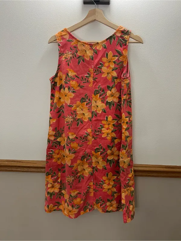 Vintage 90s Tropical Flower Hawaiian Linen Midi Dress size medium/large - Image 4