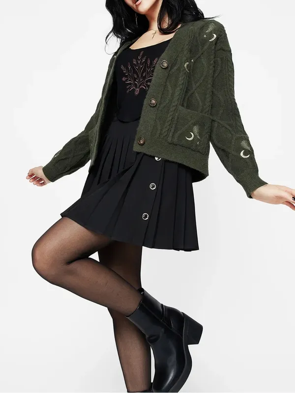 Disturbia Dianne Embroidered Cable Knit Cardigan Moon Star Fern Olive Green Knit - Image 5