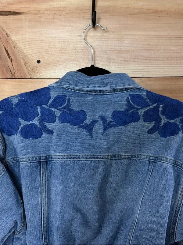 Free People Light Blue Denim Jacket with Blue Floral Embroidery - Image 7