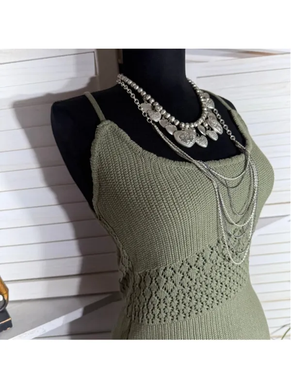 Y2K mini dress sage green crocheted cotton boho fairy backless festival grunge L - Image 5