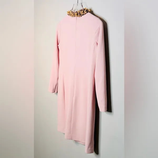 Worth Blush Pastel Pink Beaded Collar Wool Blend Shift Long Sleeve Dress - Image 6