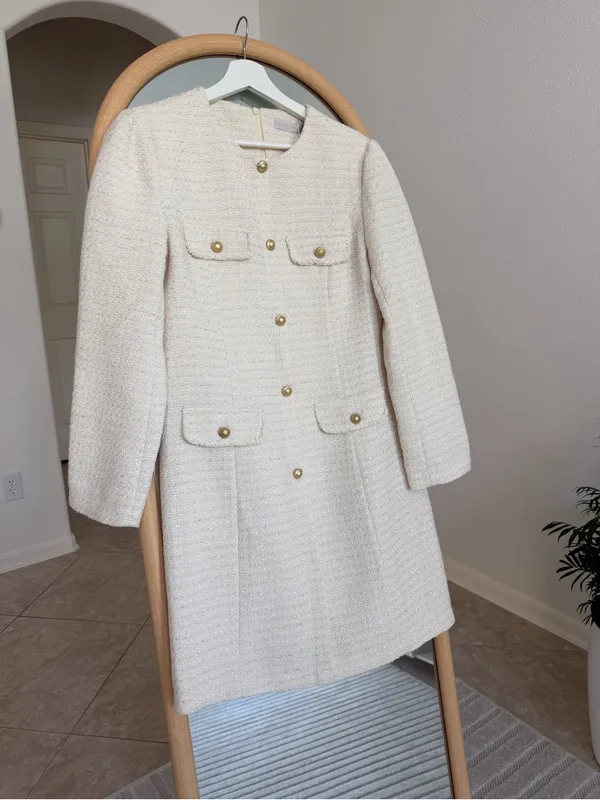 Sentubila Ivory Tweed Mini Dress Gold Buttons NWT Size L - Image 4