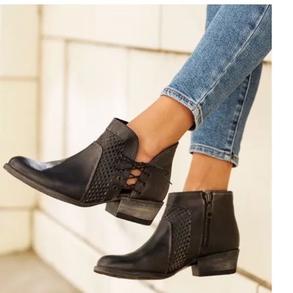 Roan by Bedstu Antonia Leather Ankle Boots 8 Black Lace Up Side Zip Block Heel‎ - Image 14