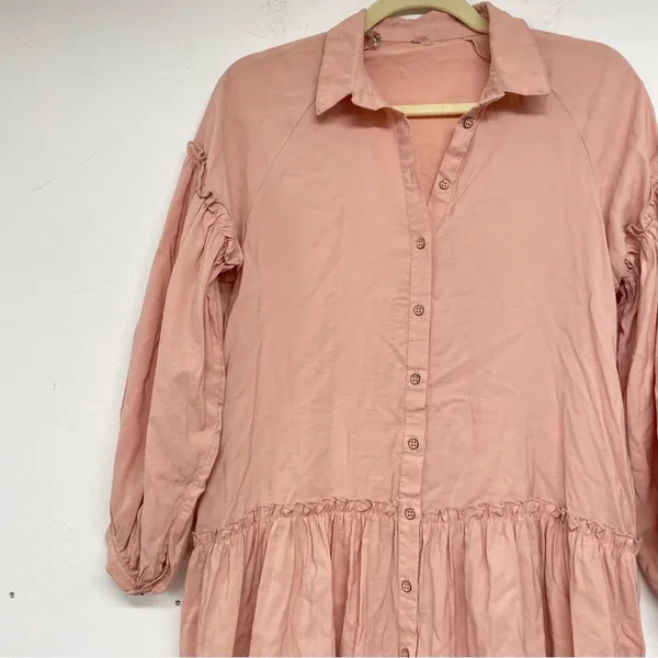 Free People Peach Button Down Long Sleeve Babydoll Mini Dress Oversized Womens S - Image 5