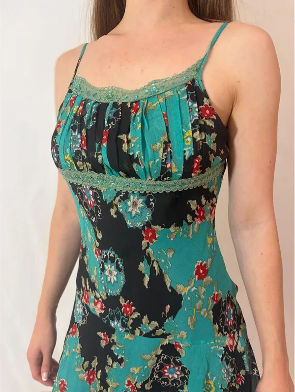 Blue Floral Paisley Mesh Fairy Sequin Silky Vintage Midi Dress - Image 5