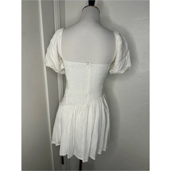 Charming Off-White/Cream Ruched Mini Dress – Puff Sleeves & Smocked Back small - Image 3