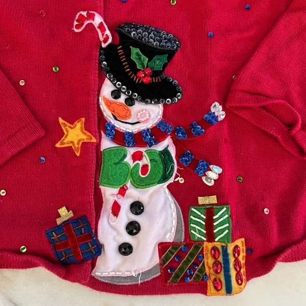 Chadwicks Red Snowman Sequin Beaded Ugly Christmas‎ Sweater Cardigan Womens M - Image 2