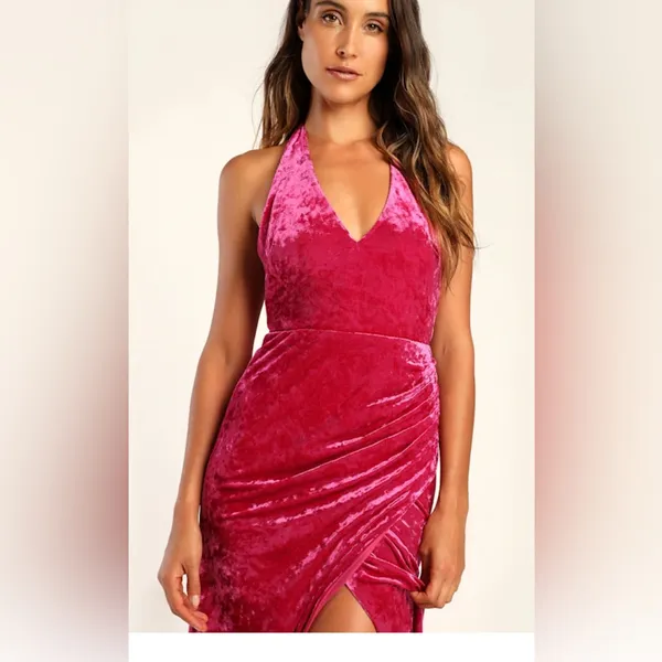 NWT LULUS Alluring Elegance Hot Pink Crushed Velvet Halter Maxi Dress Pink XS - Image 6