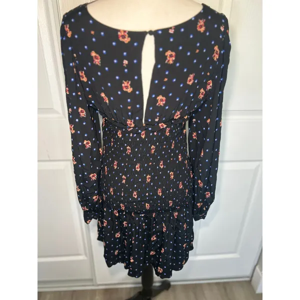 Free People Smocked Mini Dress M‎ Black Floral Square Neck Boho Long Sleeve - Image 6