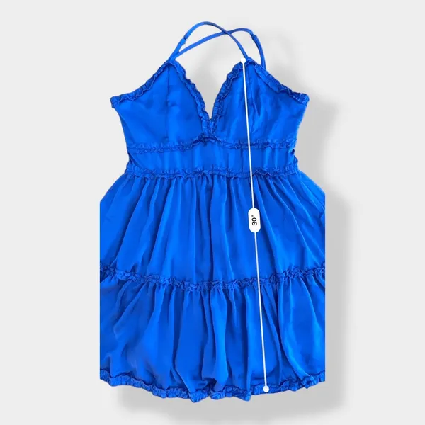 She + Sky Satin Blue tiered ruffled‎ mini dress Size L - Image 3