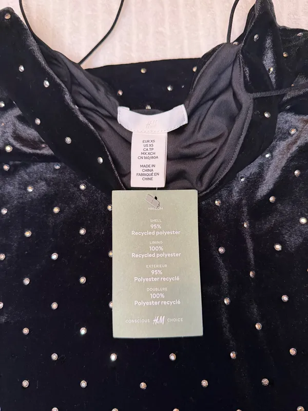 H&M Conscious Black Velvet Rhinestone Mini Dress XS - Image 3