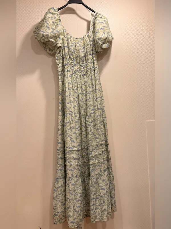 Astr Floral Smocked Maxi Dress in Light Blue and Cream - Image 6