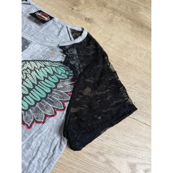 EUC Womens Harley Davidson Motorcycle Top Black Lace short sleeve Eagle size M - Image 7