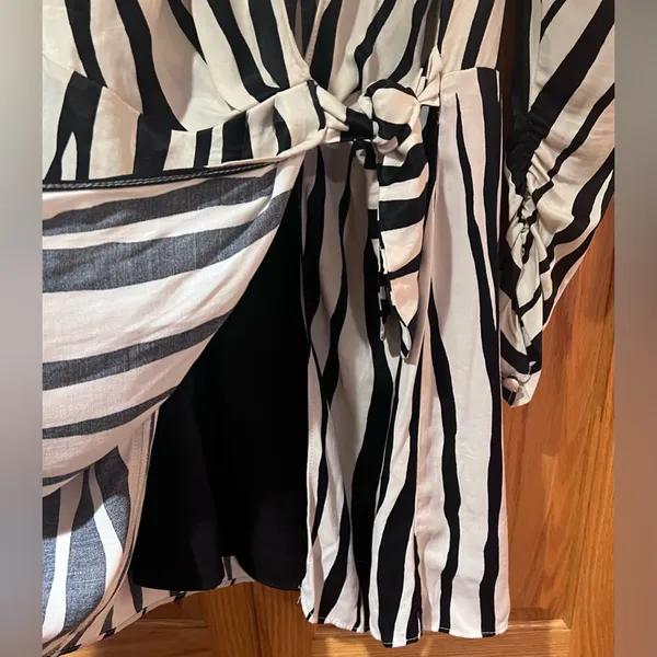 ZARA Zebra Print Satin Wrap Mini Dress w/‎ Tie Ruched Cuffs Black & Ecru Medium - Image 15