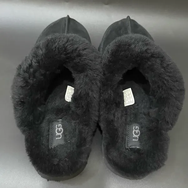 UGG Disquette Black Suede Leather Plush Sheepskin Platform Slippers Size 8 - Image 5