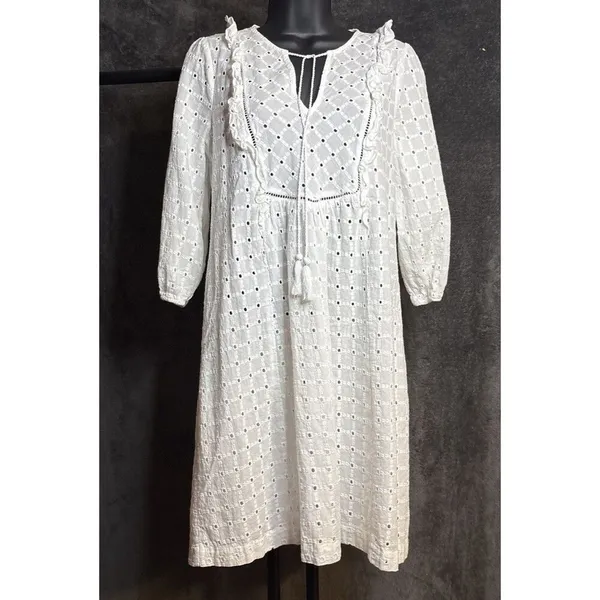 Anthropologie Thames Dress White Eyelet Cotton Womens 4 3/4 Sleeve Mini Boho - Image 2