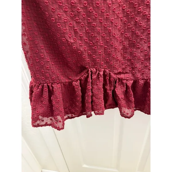 Arula Burgundy Swiss Dot Mini Dress Women L Wine V-Neck Balloon Sleeve Ruffle - Image 7