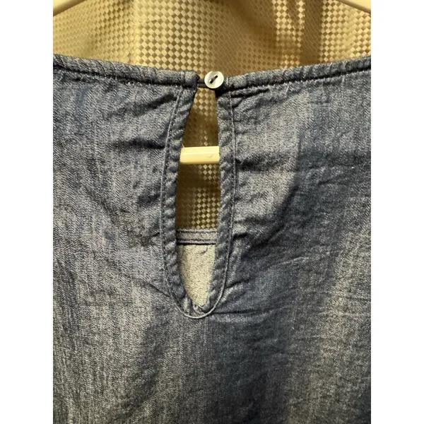 C Women's Blue Solid Denim Blouse M Round Neck Long Puff Sleeve Smocked Cuff New - Image 10