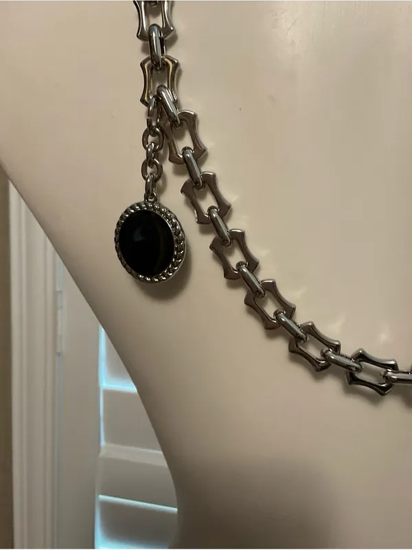 Silver Link Necklace with Black Round Pendant and Heart Accents - Women Jewelry - Image 3