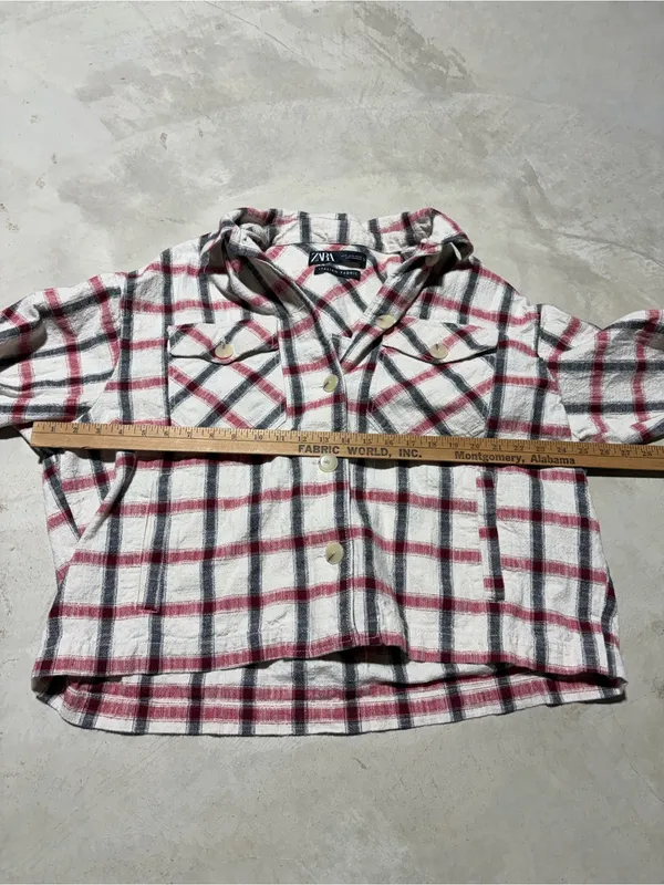 ZARA Plaid Button-Up Shirt Jacket - Cream, Red & Black Italian fabric XL - Image 9