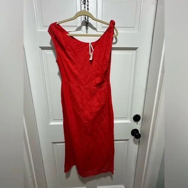Anthropologie Red Linen Blend Off Shoulder Midi Dress Draped Neckline Slit XS - Image 3