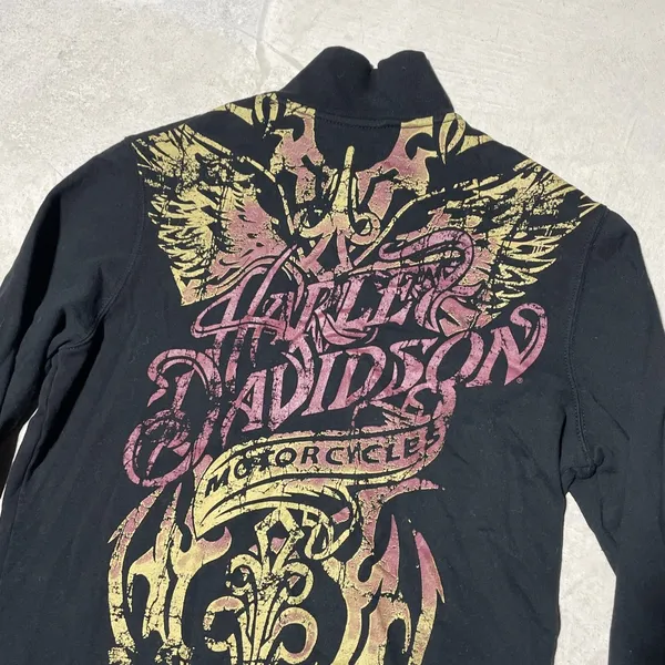 Y2K Harley Davidson Women's SZ L Sweatshirt Black Collar Applique Zip AOP - Image 9