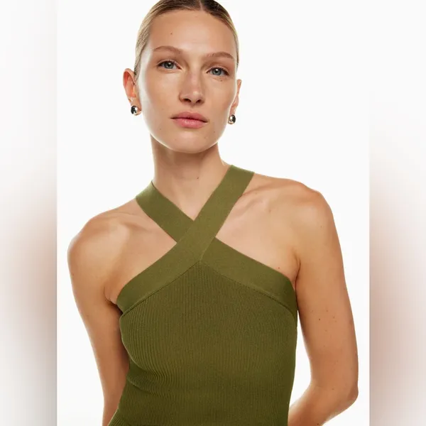 Aritzia Babaton‎ Fem Green Sculpt Knit Criss Cross Ribbed Halter Dress Size 2XL - Image 7