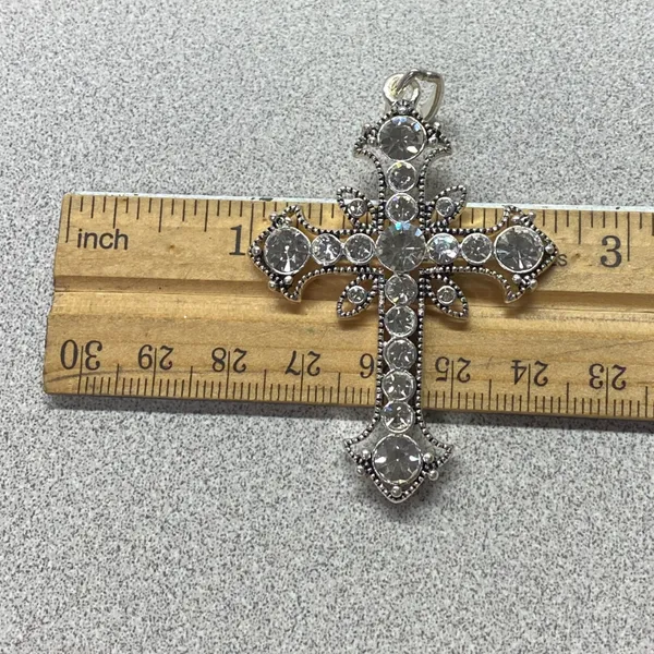Silver Tone Cross Rhinestone Ornate Pendant Necklace Statement Religious Faith - Image 6