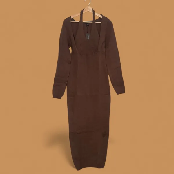 PrettyLittleThing Brown Long Sleeved Knit Dress/a Halter Style Keyhole Neck Xl - Image 2