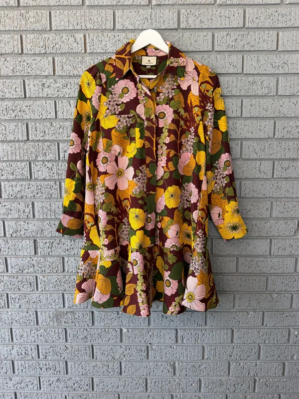 Tuckernuck Retro Floral Crepe Callahan Shirt Dress Brown Yellow Pink XXL 2X - Image 4