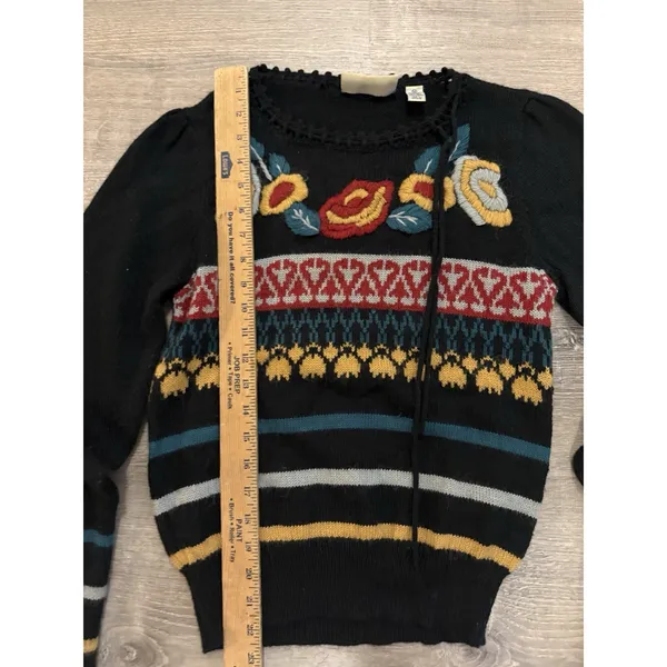 Vintage Embroidered Floral Fair Isle Sweater Womens Medium Black Good Boho - Image 4