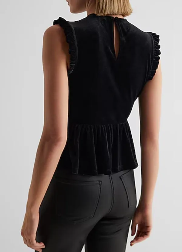 EXPRESS Velvet Crew Neck Lace Embroidered Peplum Top - Image 3