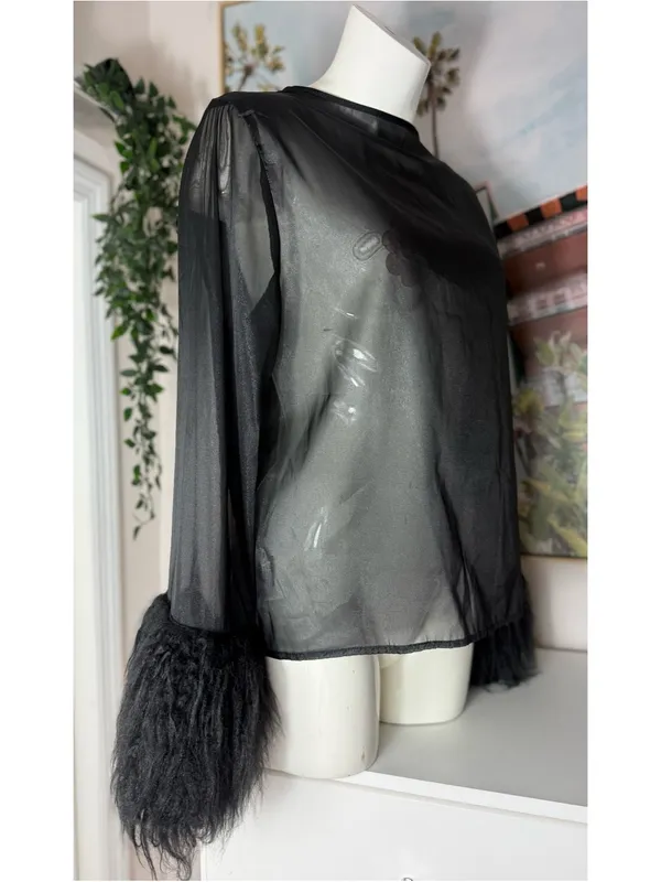 Shein Black Sheer Mesh Faux Fur Cuff Long Sleeve Blouse Keyhole Back Size XL 12 - Image 5