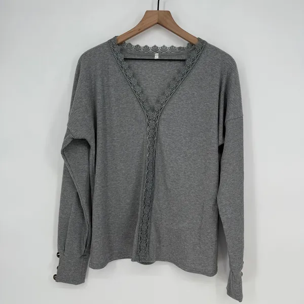 Gray Ribbed Long Sleeve Lace Trim V-Neck Button Cuff Casual‎ Top Women's L - Image 2