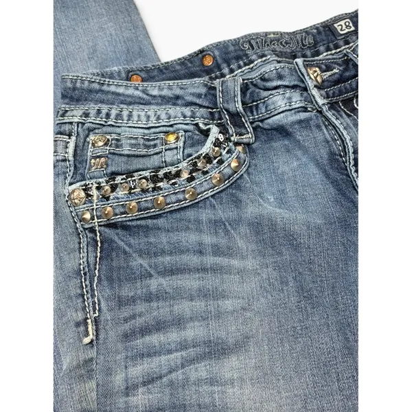 Miss Me Signature Cuffed Skinny Jeans Medium Wash Embellished Studded Size 28 - Image 6